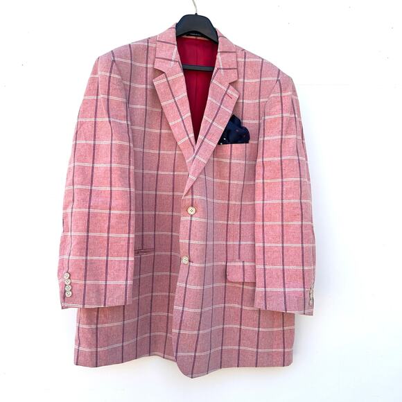 Paul Fredrick Linen Cotton Men’s Blazer Jacket Red Pink 48R Windowpane Preppy - Picture 2 of 8
